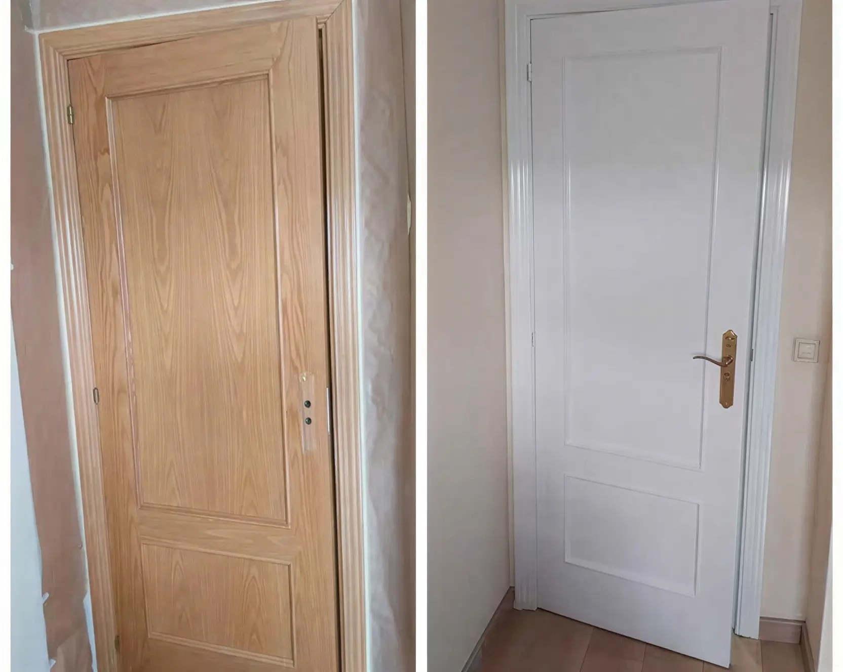 Antes y después de lacar puerta de madera en blanco por Los Pintores en Murcia