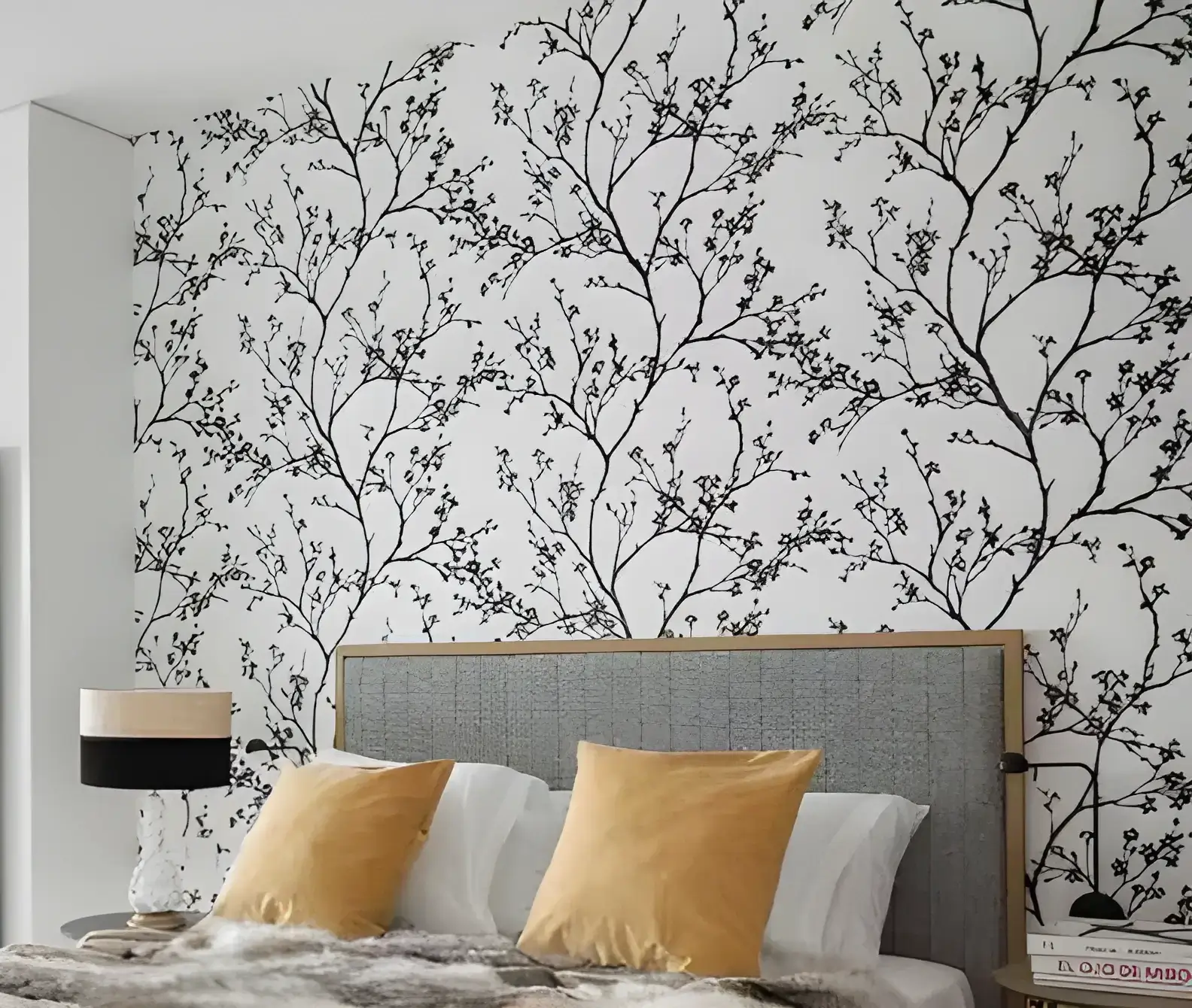 Los Pintores en Murcia instalando papel pintado de ramas en cabecero de dormitorio moderno